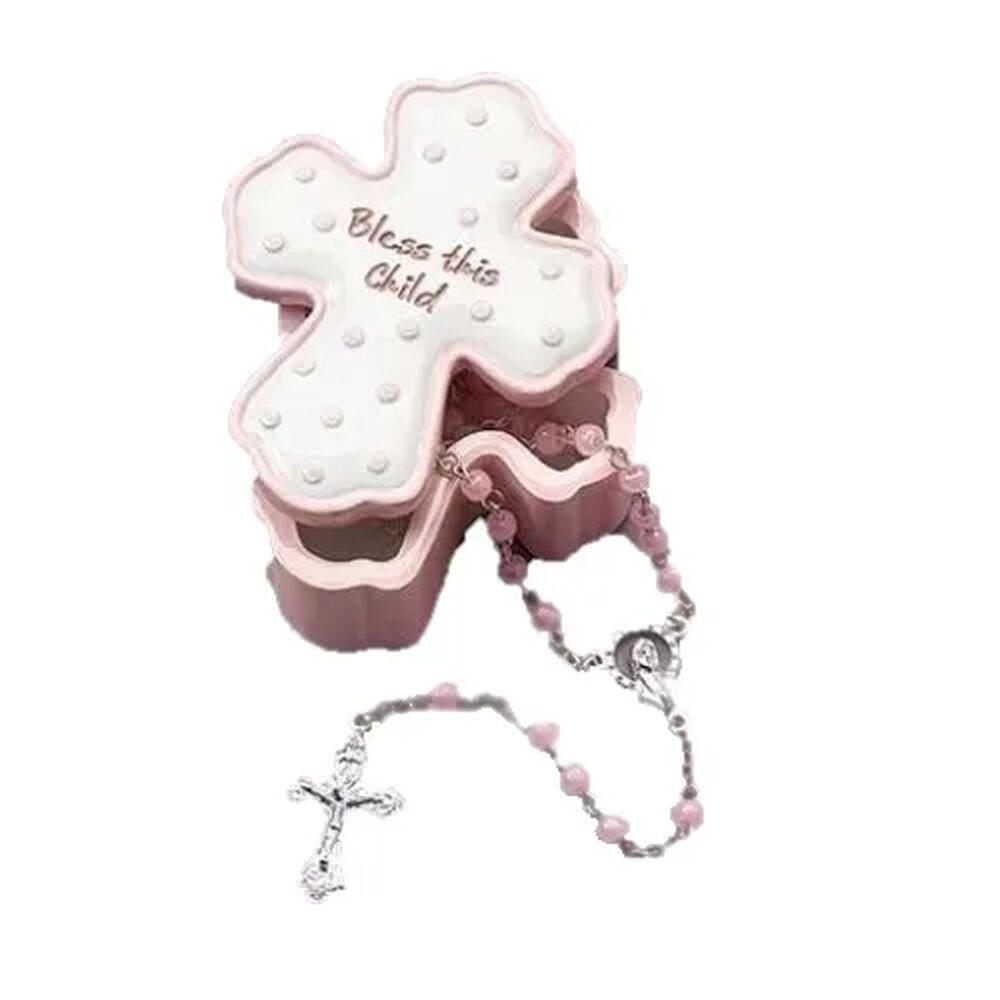 Roman Inc - Trinket Box With Rosary - Bless This Child Pink