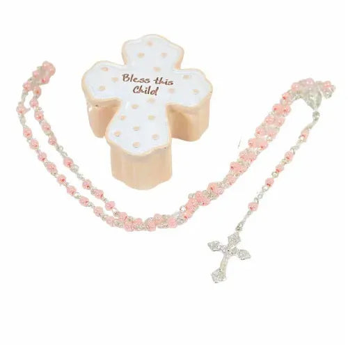 Roman Inc - Trinket Box With Rosary - Bless This Child Pink