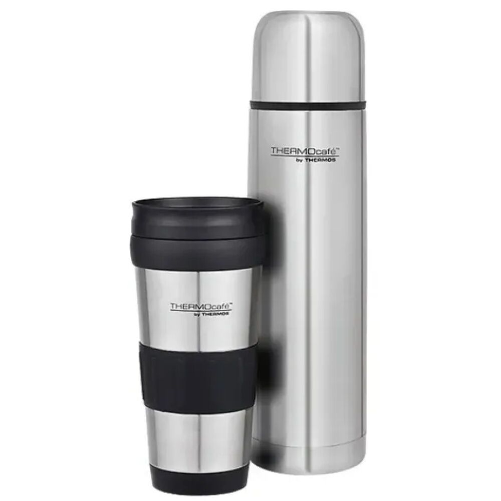 Thermos Thermocafe Stainless Steel Flask 1L & Travel Tumbler 420ml Combo Pack