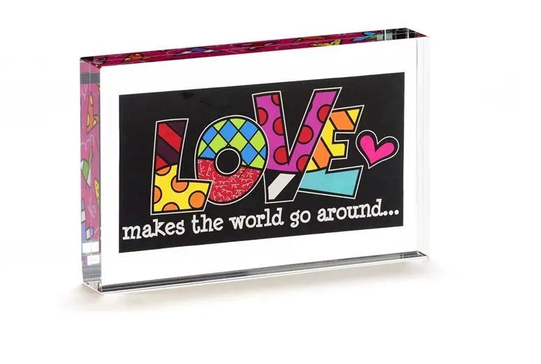 Romero Britto Double-sided Glass Table Block - Love Makes the World Go Around