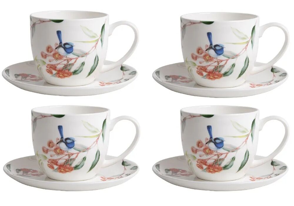 Ashdene Blue Wren & Eucalyptus - Cup & Saucer 4 Pack