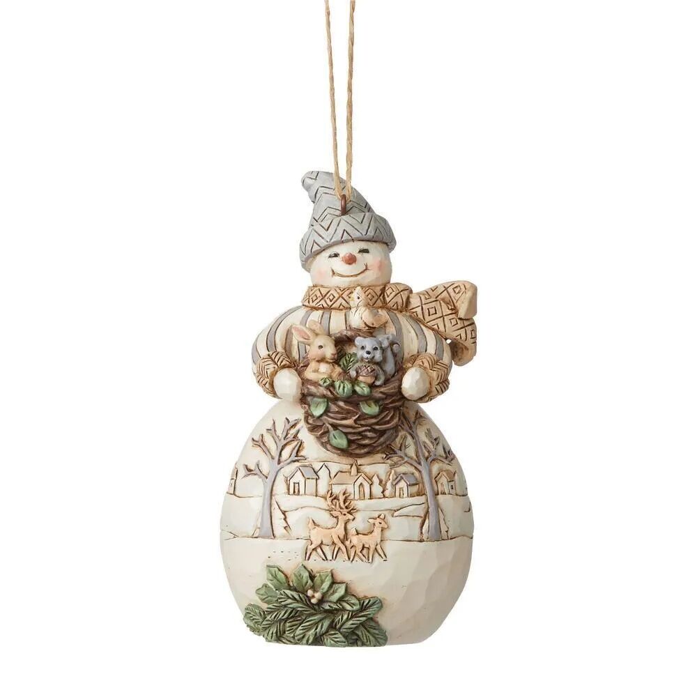 Jim Shore Heartwood Creek White Woodland - Snowman with Basket Hanging Ornament