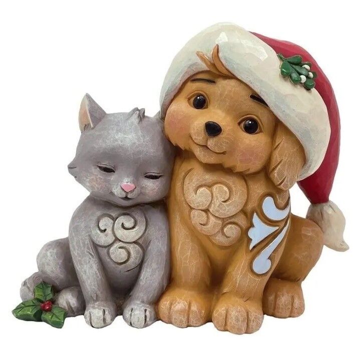 Jim Shore Heartwood Creek - Kitten with Puppy in Santa Hat