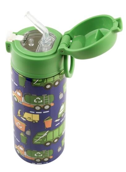 Oasis Double Wall Insulated Sipper Straw Kid's Drink Bottle - 550ml Garbage Trucks