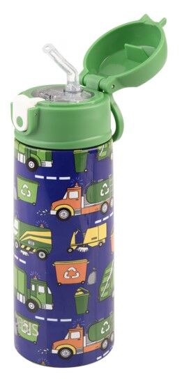 Oasis Double Wall Insulated Sipper Straw Kid's Drink Bottle - 550ml Garbage Trucks
