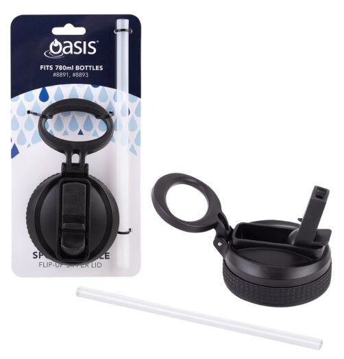 Oasis Sports Bottle Flip-Up Sipper Lid with Straw - Black