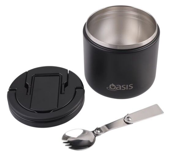 Oasis Double Wall Insulated Quick Release Lid & Spork Food Flask - 500ml Black