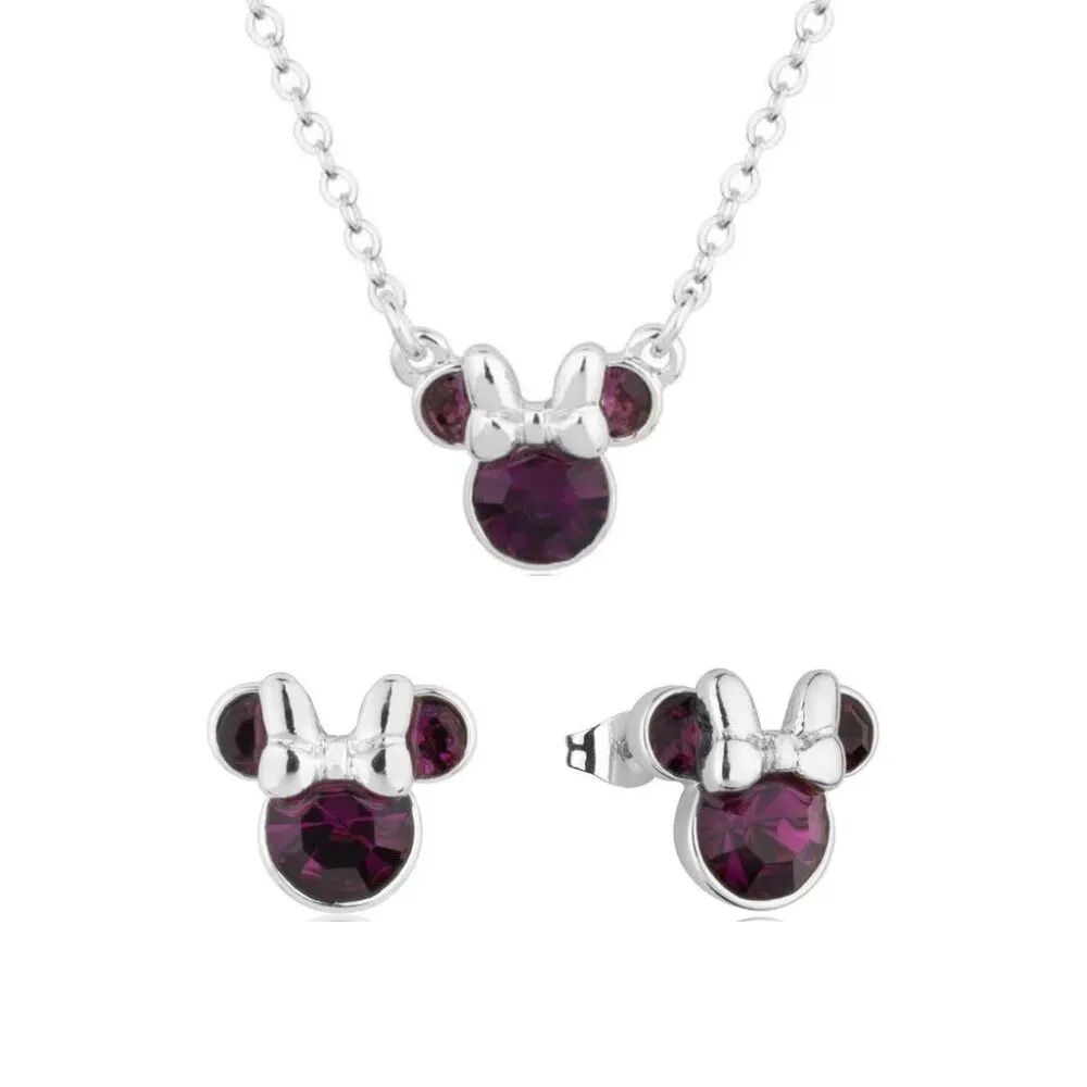 Disney Couture Kingdom February Birthstone Minnie Necklace & Earrings Bundle Silver
