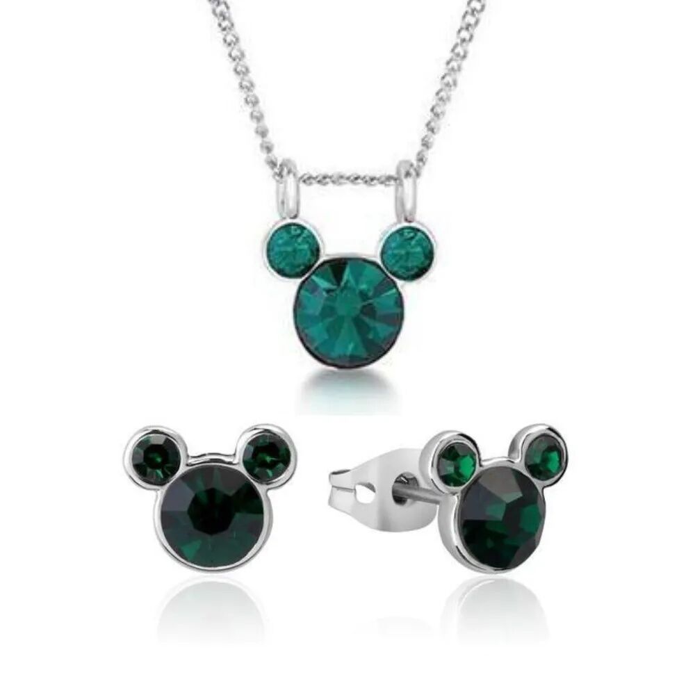 Disney Couture Kingdom May Birthstone Mickey Necklace & Earrings Bundle Silver