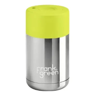 Frank Green Reusable Cup - Ceramic 295ml Chrome Silver With Neon Yellow Lid Push Button