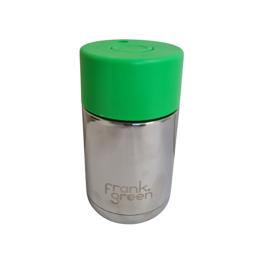 Frank Green Reusable Cup - Ceramic 295ml Chrome Silver With Neon Green Lid Push Button