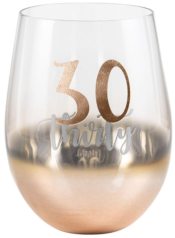 Rose Gold Stemless 30th Birthday Wine Glass