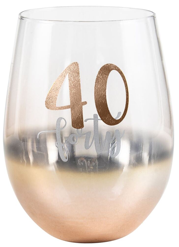 Rose Gold Stemless 40th Birthday Wine Glass