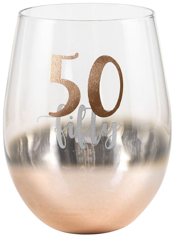 Rose Gold Stemless 50th Birthday Wine Glass