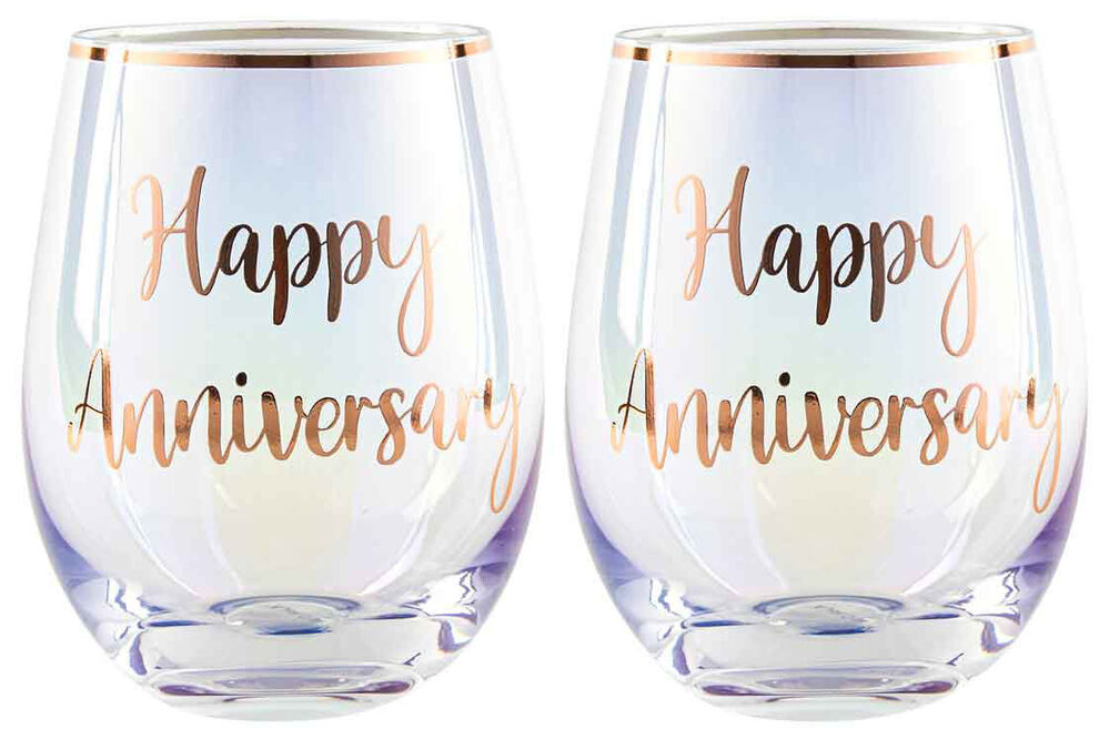 Rose Gold Anniversary Stemless Wine Glass Set