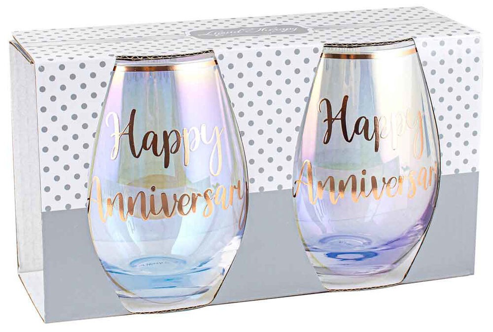 Rose Gold Anniversary Stemless Wine Glass Set