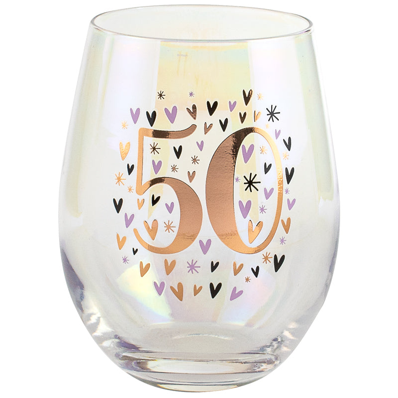 Rainbow Pastel Stemless 50th Birthday Wine Glass