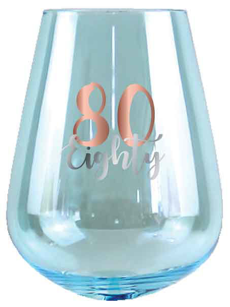 Rose Gold Decal 80th Birthday Stemless Wine Glass