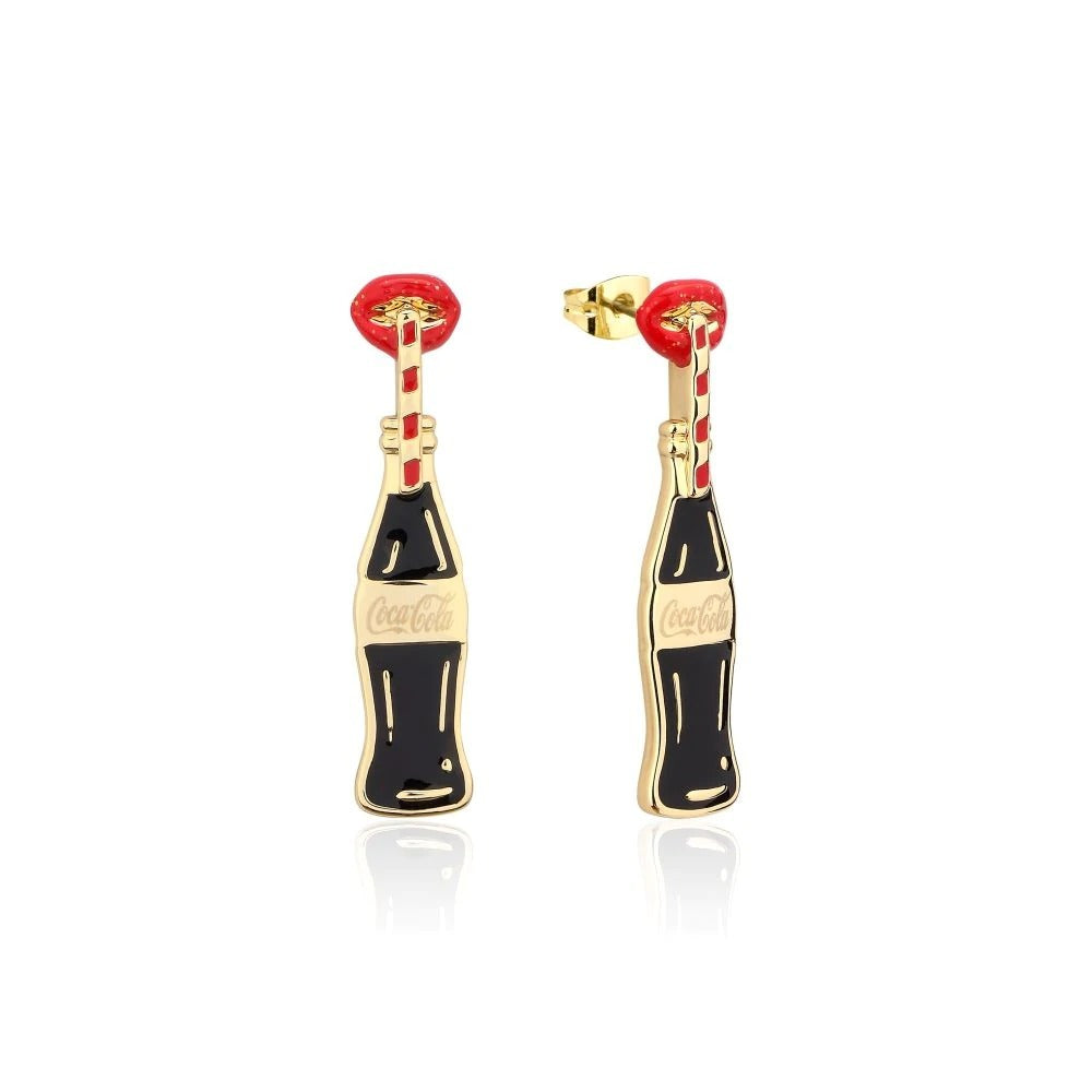Couture Kingdom - Coca Cola - Coke Bottle and Glitter Lips Drop Earrings Yellow Gold