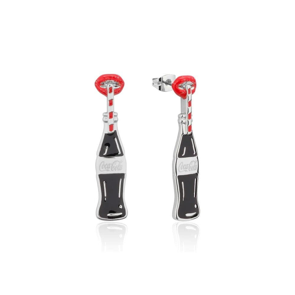 Couture Kingdom - Coca Cola - Coke Bottle and Glitter Lips Drop Earrings White Gold