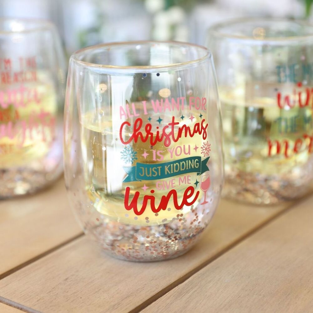 Splosh Christmas Stemless Glass - Just Kidding Give Me Wine