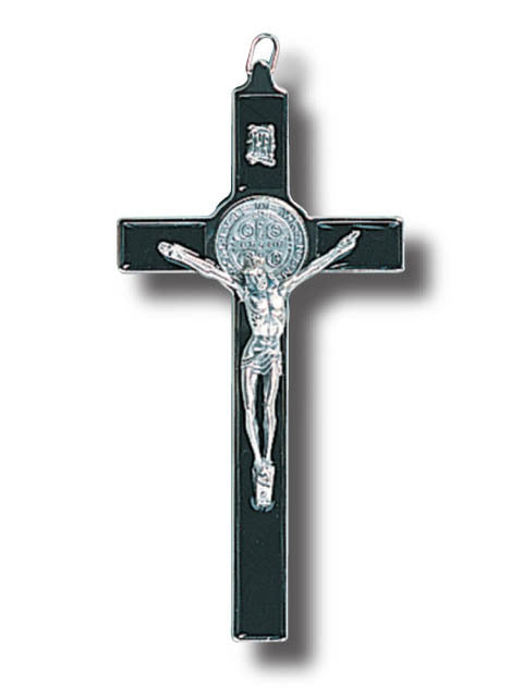 Hanging Crucifix St Benedict - 20cm x 10cm - Metal & Black Enamel Finish