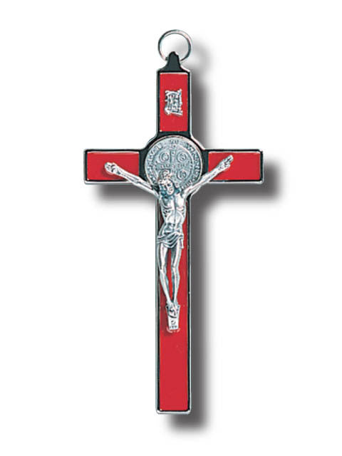 Hanging Crucifix St Benedict - 20cm x 10cm - Metal & Red Enamel