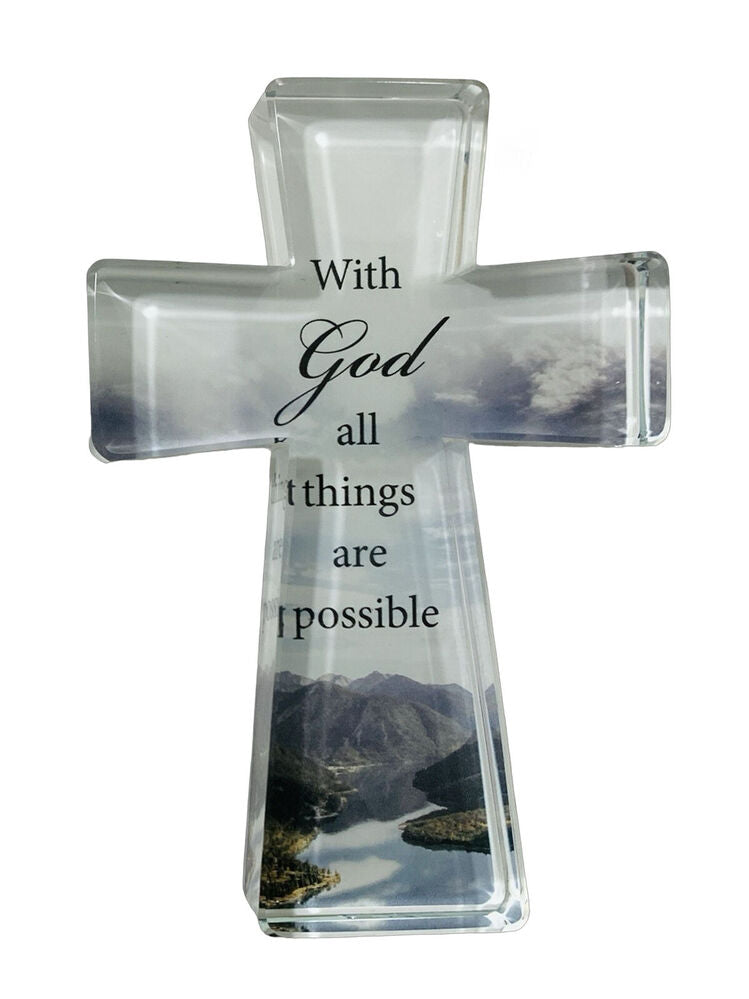 Glass Cut Standing Cross - With God All Things Are Possible