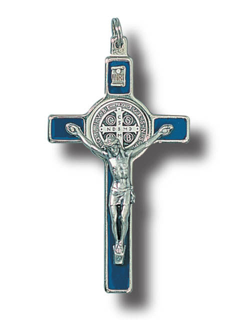 Blue St Benedict Wall Crucifix - 8cm Metal & Enamel