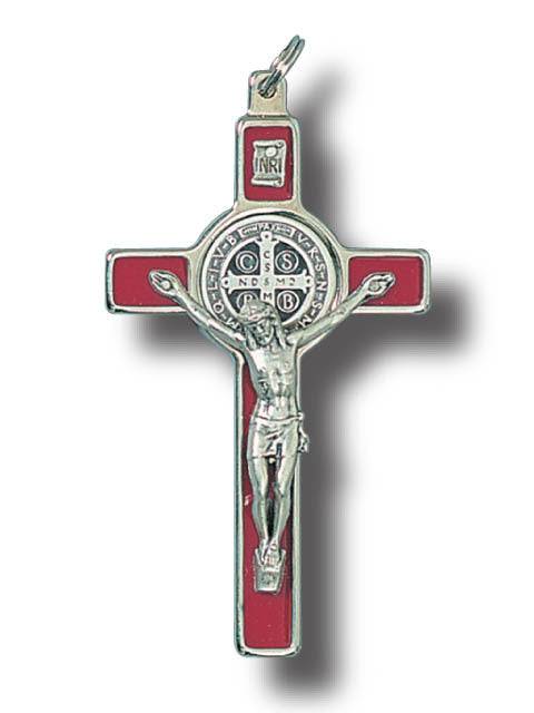 Red St Benedict Wall Crucifix - 8cm Metal & Enamel