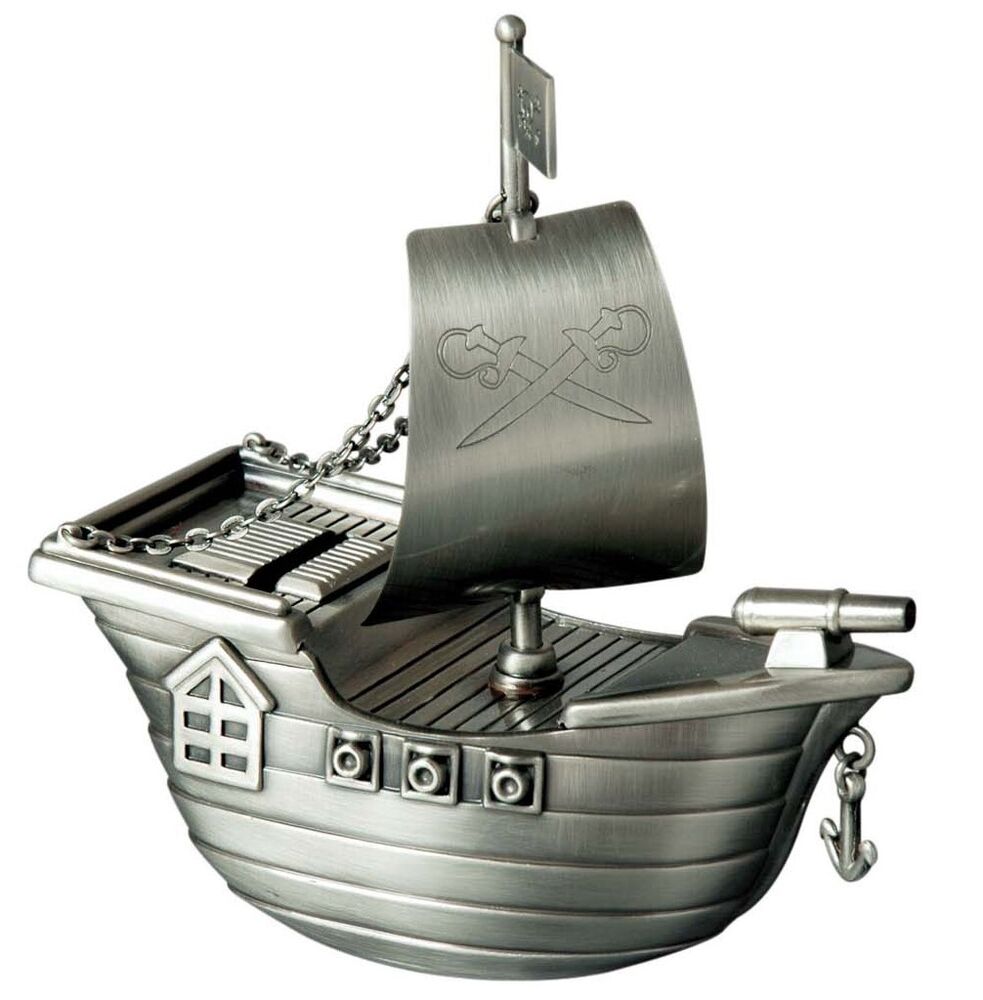 Russell Collection Money Bank - Pewter Finish Jolly Roger Pirate Ship