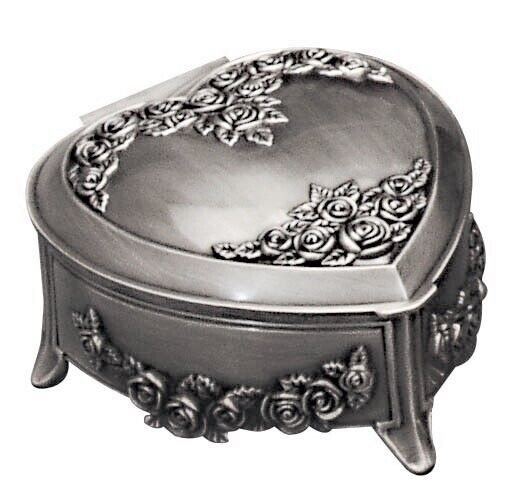 Russell Collection - Pewter Finish Heart-Shaped Jewellery Box with Roses