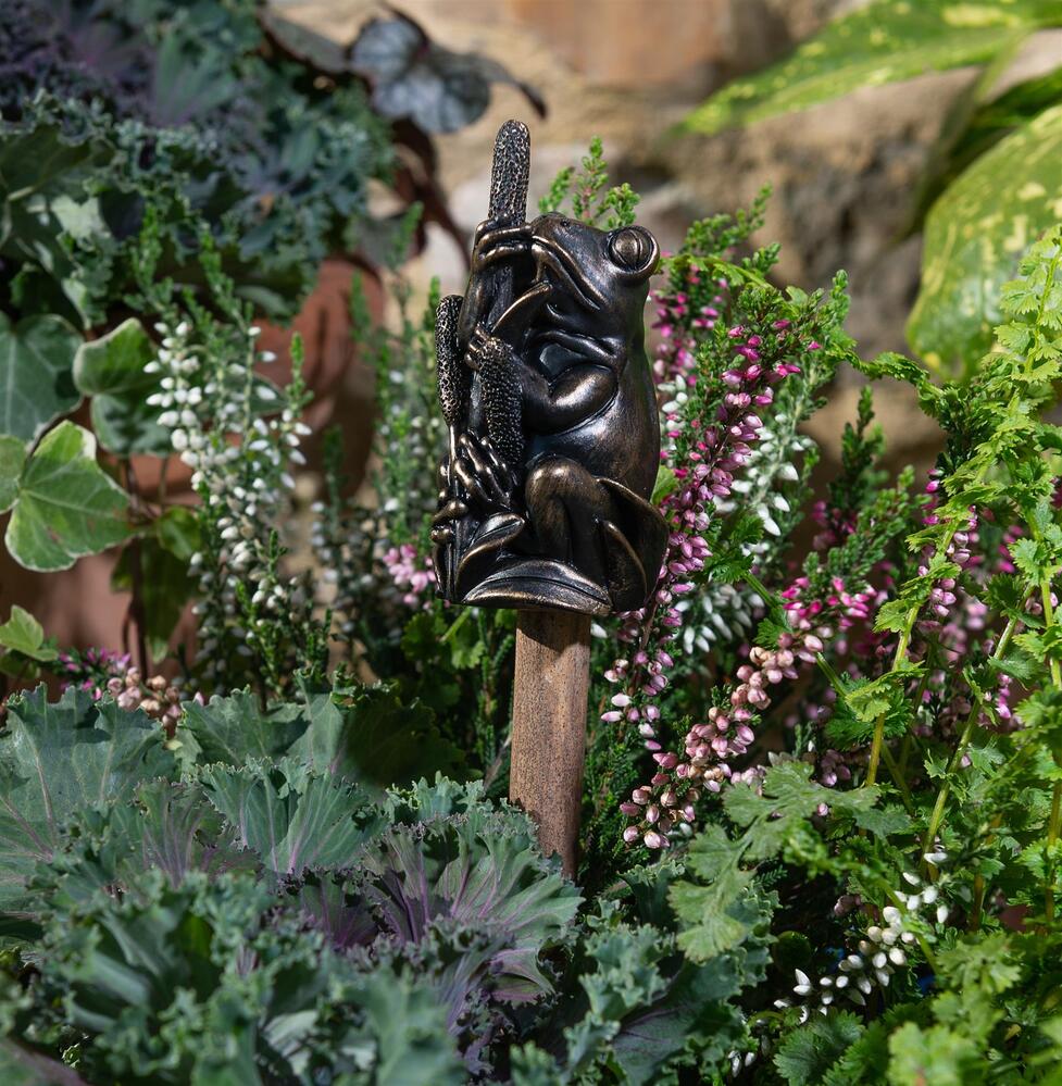 Jardinopia Cane Companion - Antique Bronze Frog On Bullrush