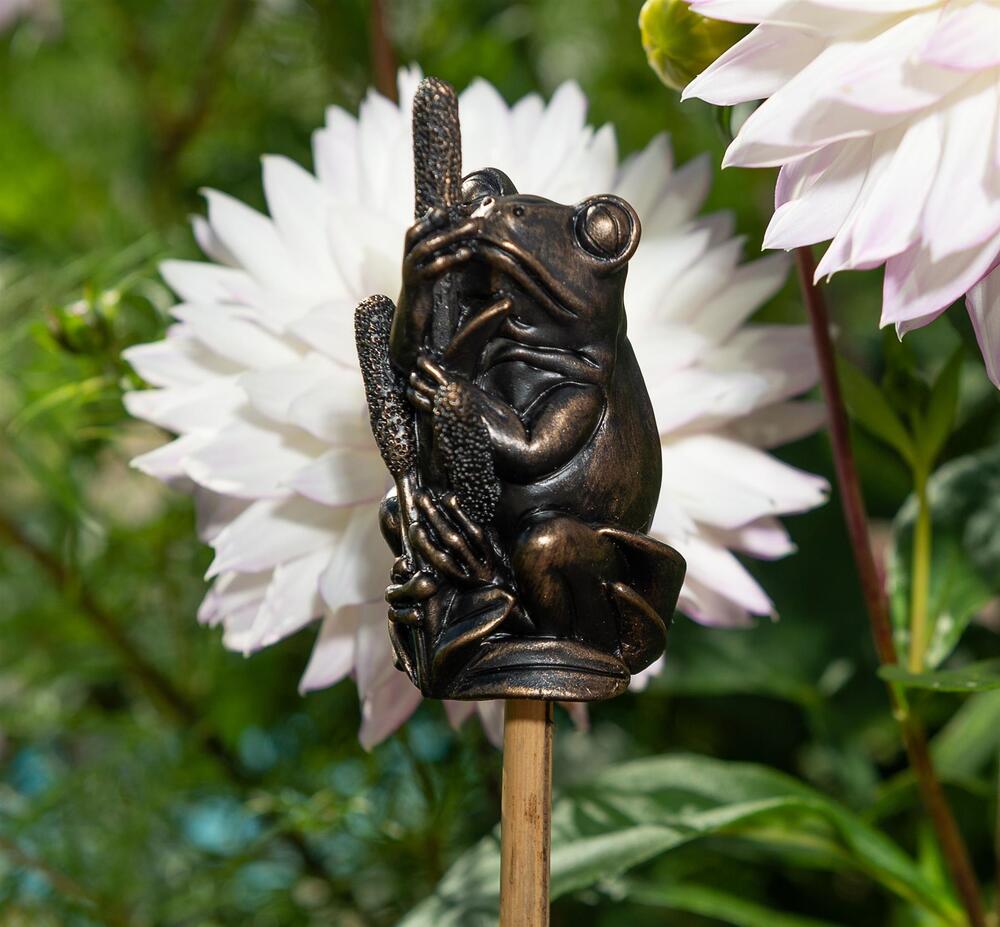Jardinopia Cane Companion - Antique Bronze Frog On Bullrush