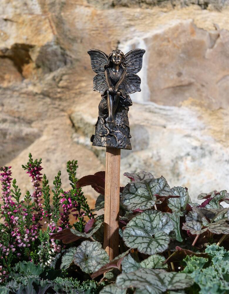 Jardinopia Cane Companion - Antique Bronze Fairy Sitting On Tree Stump