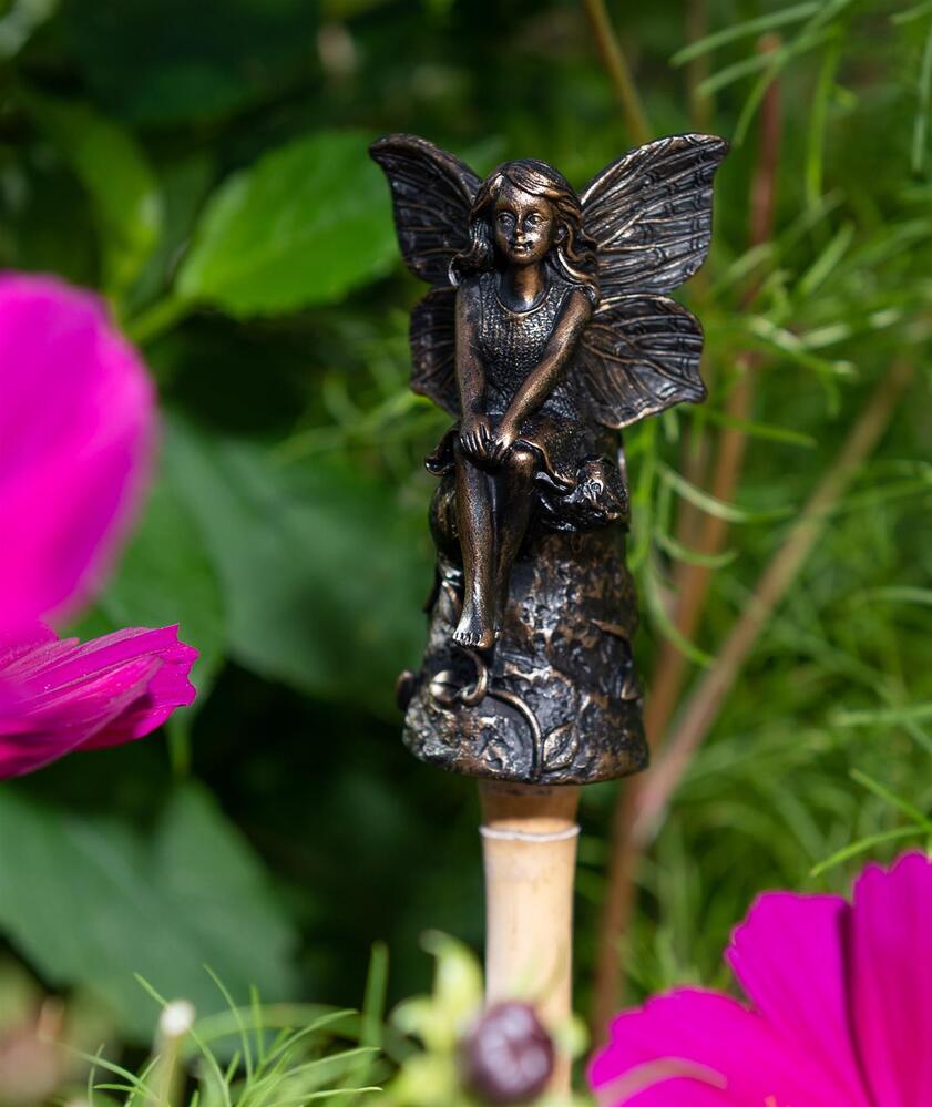 Jardinopia Cane Companion - Antique Bronze Fairy Sitting On Tree Stump