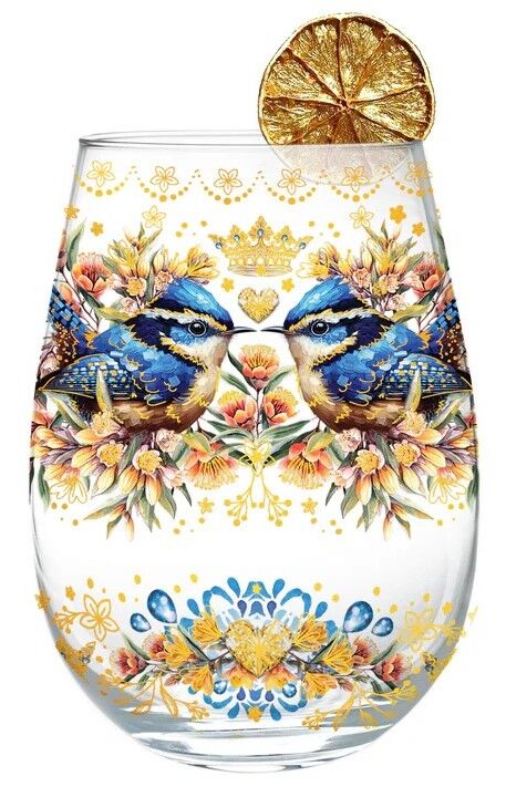 Lisa Pollock - Golden Glamour Stemless Glass Royal Wrens