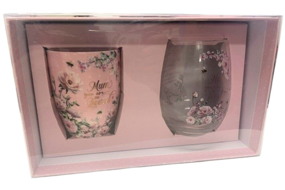 Mum Pretty in Pink Mug & Stemless Wine Glass Set