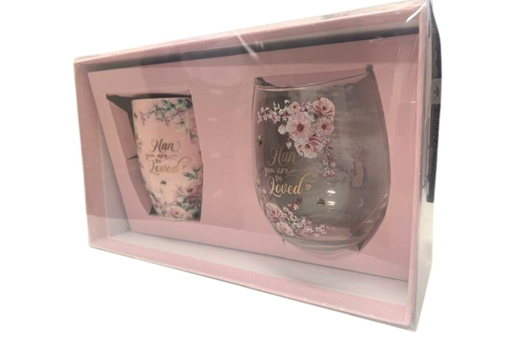Nan Pretty in Pink Mug & Stemless Wine Glass Set
