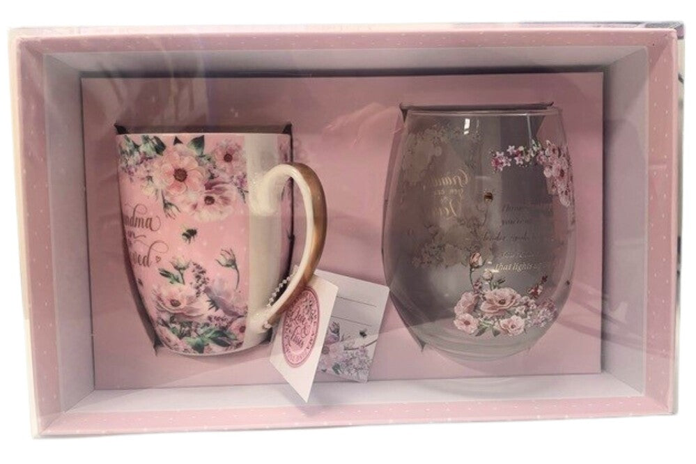 Grandma Pretty in Pink Mug & Stemless Wine Glass Set