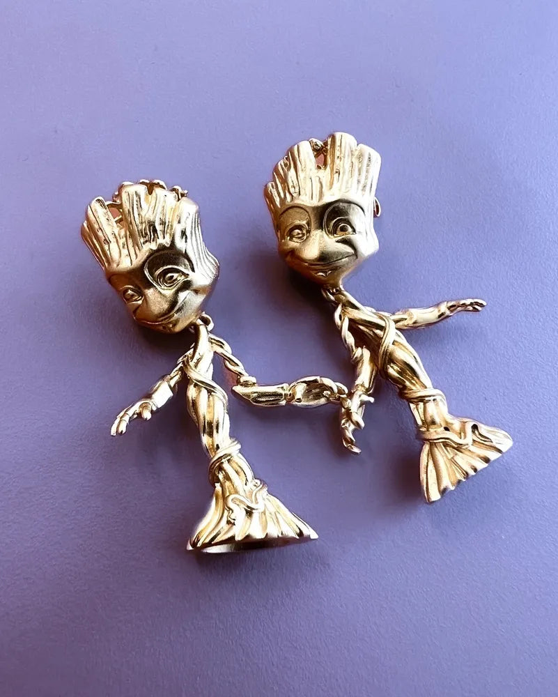 Couture Kingdom - Marvel - Guardians Of The Galaxy Baby Groot Drop Earrings Yellow Gold
