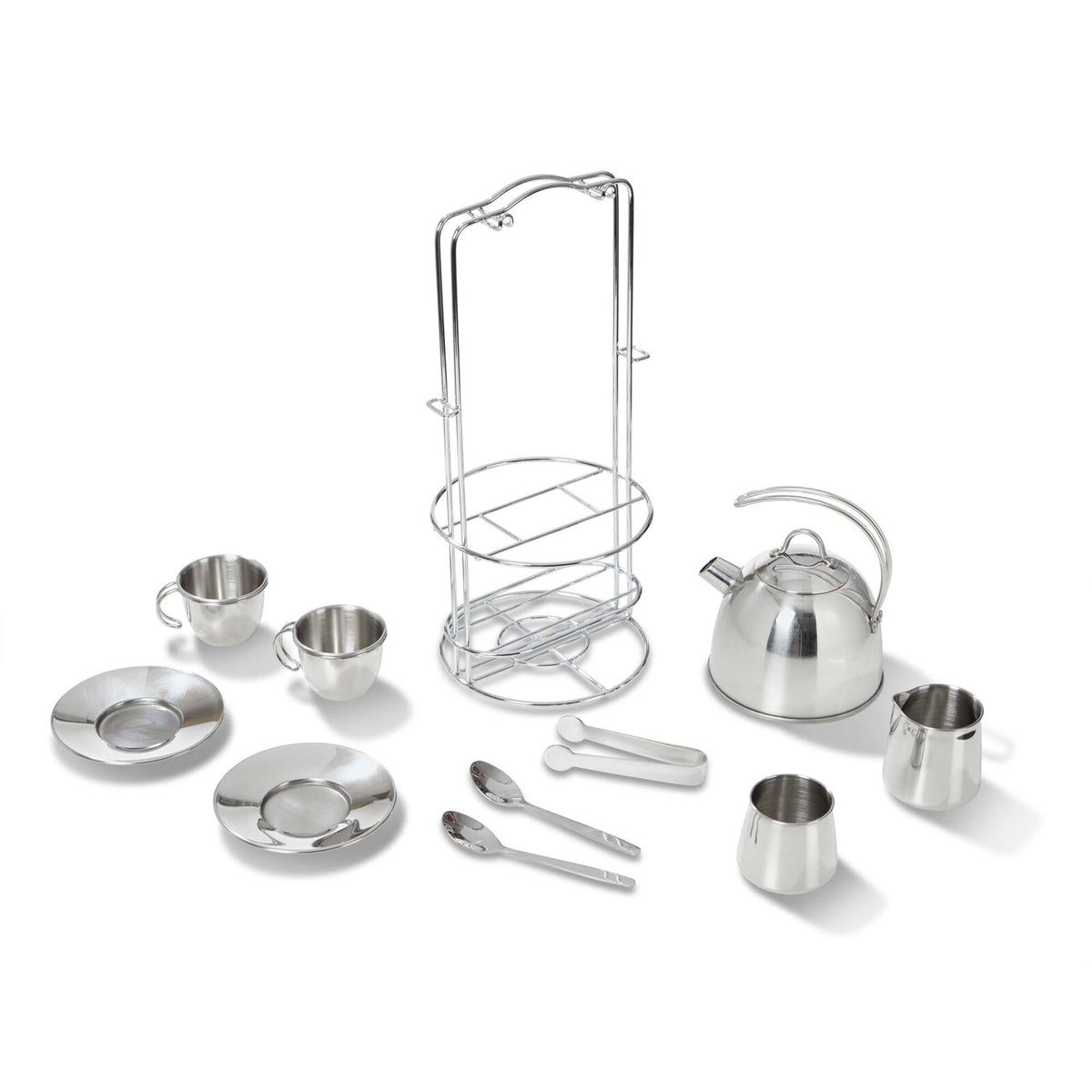 Melissa & Doug Kitchen Play - Stainless Steel Tea Set and Storage Stand
