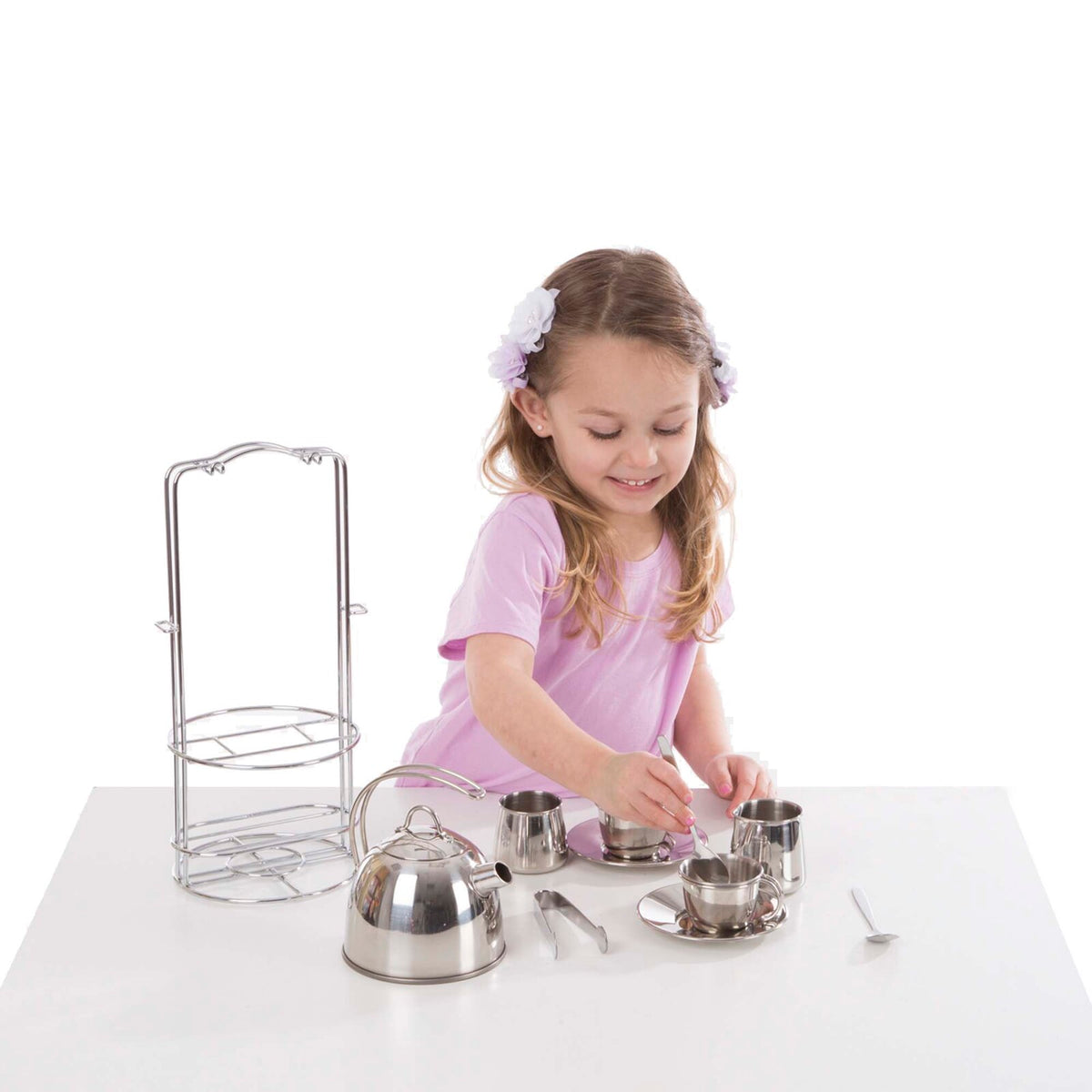 Melissa & Doug Kitchen Play - Stainless Steel Tea Set and Storage Stand