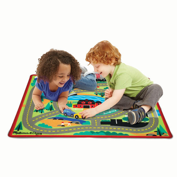Melissa & Doug Activity Rug - Round the Town Road with 4 Wooden Vehicles