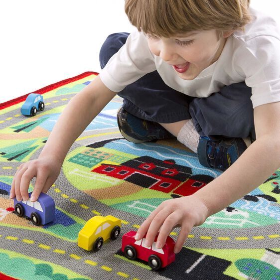 Melissa & Doug Activity Rug - Round the Town Road with 4 Wooden Vehicles