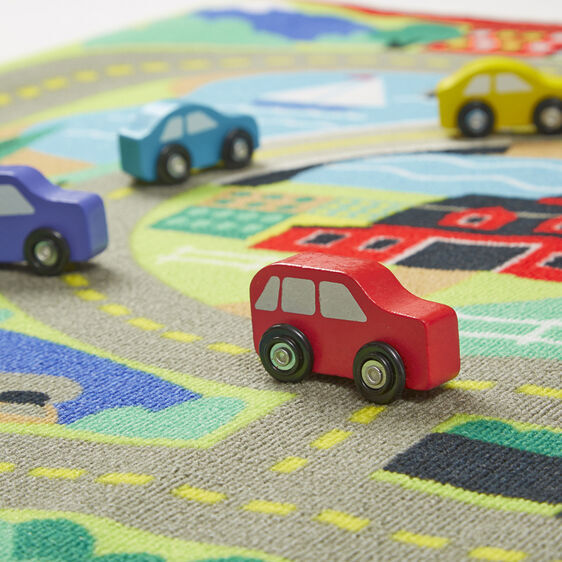 Melissa & Doug Activity Rug - Round the Town Road with 4 Wooden Vehicles