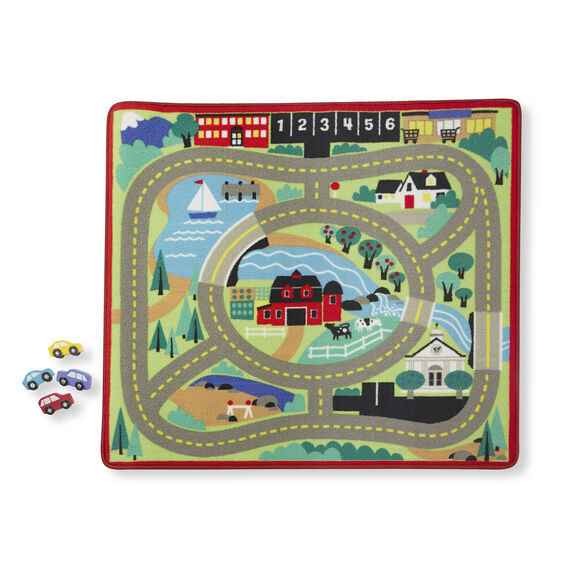 Melissa & Doug Activity Rug - Round the Town Road with 4 Wooden Vehicles