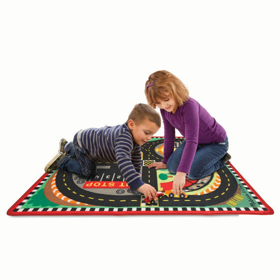 Melissa & Doug Activity Rug - Round the Speedway Race Track with 4 Wooden Vehicles