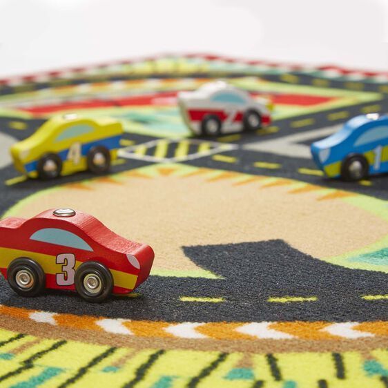 Melissa & Doug Activity Rug - Round the Speedway Race Track with 4 Wooden Vehicles