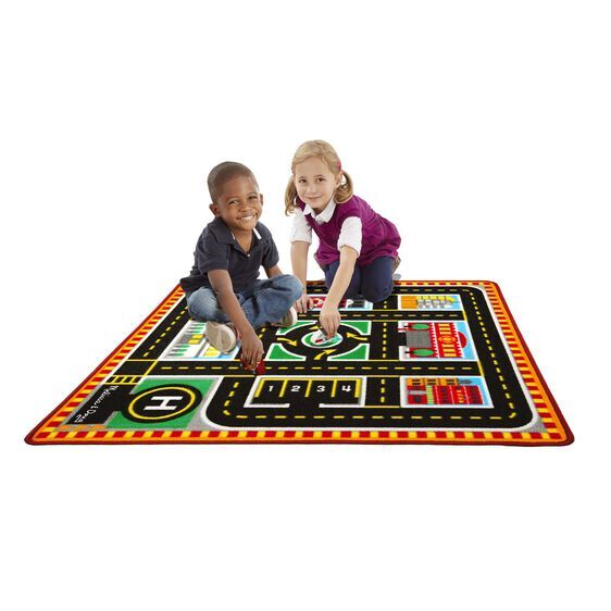 Melissa & Doug Activity Rug - Round The City Rescue with 4 Wooden Vehicles